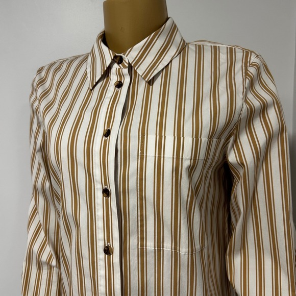Lafayette 148 New York Tan White Striped Button Down Shirt Blouse M FAB#1Q57 - Picture 2 of 7